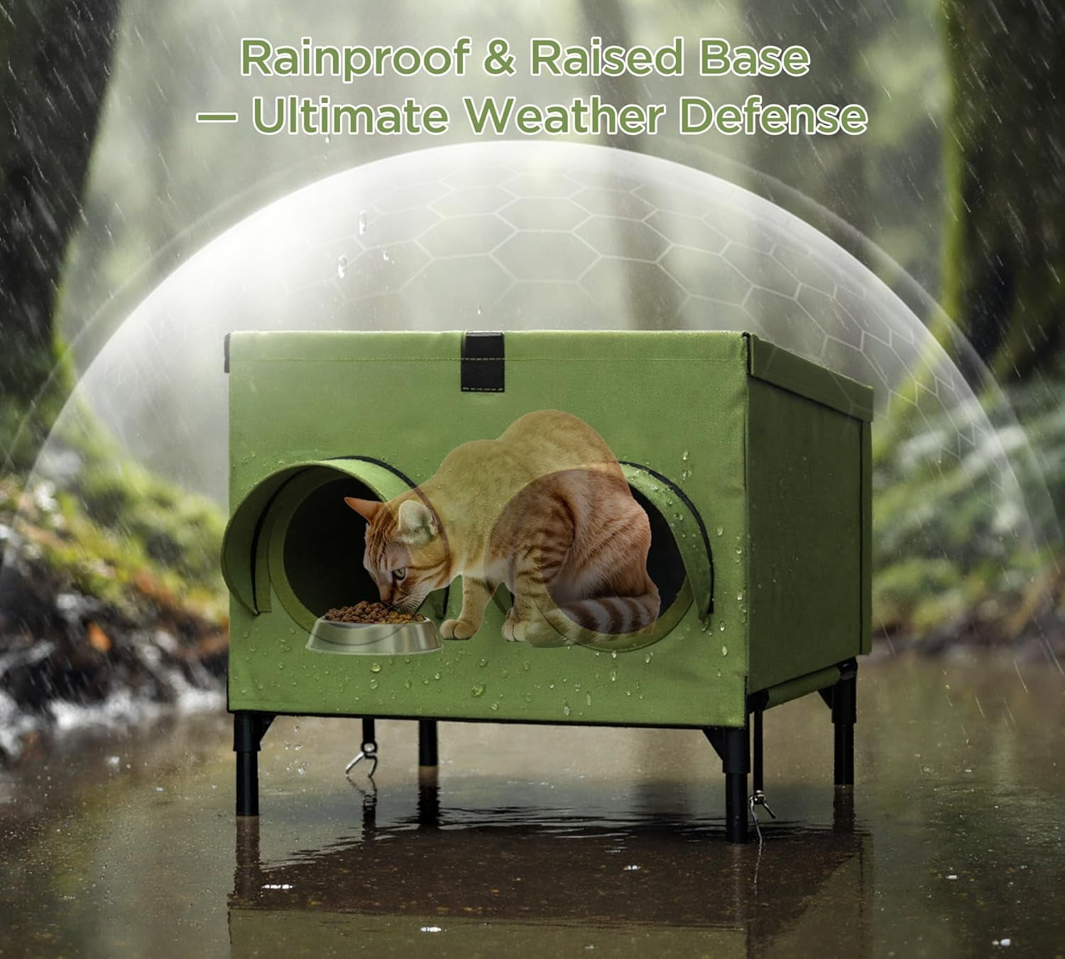 Outdoor Cat Feeding Station – Waterproof Dining Shelter for Feral & Community Cats, Insulated Roof & Walls, Dual-Feed Hole Design, Connects to Cat House – Green, 16"×12"×15.5"