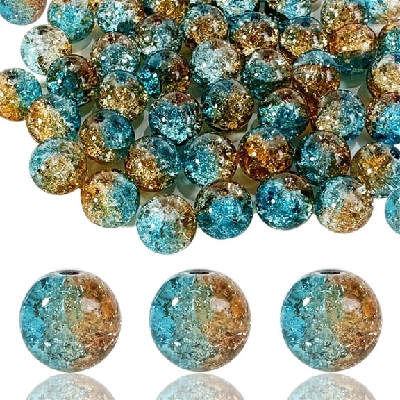 Duslogis 100Pcs 10mm Crackle Glass Beads for Jewelry Making - Round Spacer Crystal Beads Bulk, DIY Craft Supplies for Necklace Bracelet Earrings (Brown Blue)