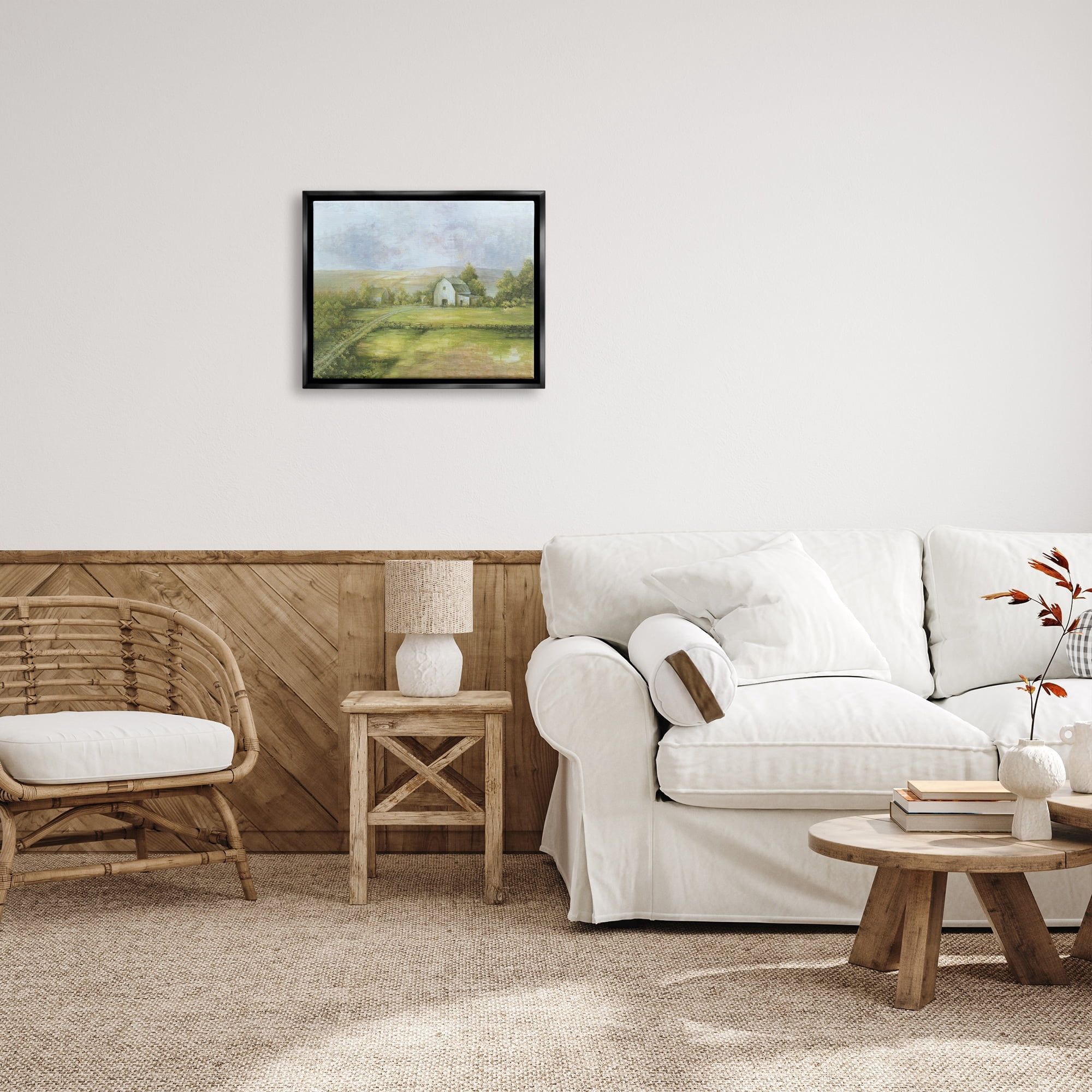 Stupell Industries Distant White Barn Vast Rural Farmland Fields Painting Jet Black Floating Framed Canvas Print Wall Art, Design by White Ladder