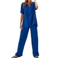 thumbnail image 4 of Womens Tops Daily Casual Solid Short Sleeve V Neck Shirt Tops & Elastic Waist Long Pants Set Com fortable Breathable Cotton And Linen 1Pc Top + 1Pc Pants M Shirts for Women, 4 of 5