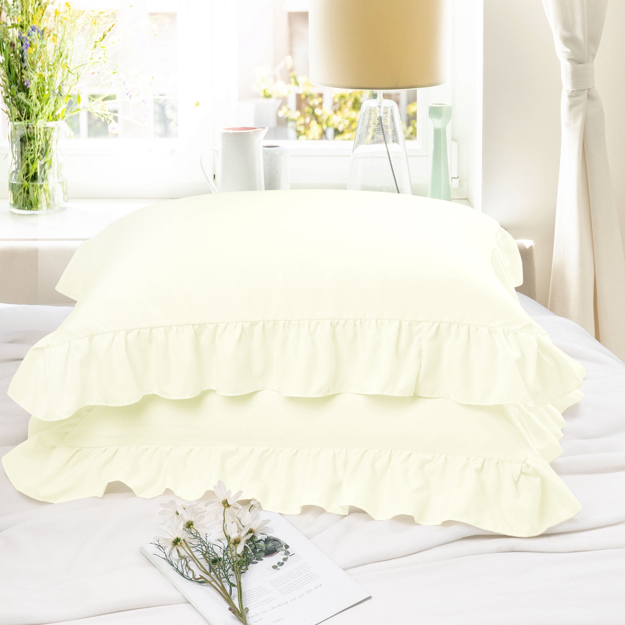 Unique Bargains Microfiber Ruffle Envelope Closure Pillowcases 2 Pcs Cream Queen