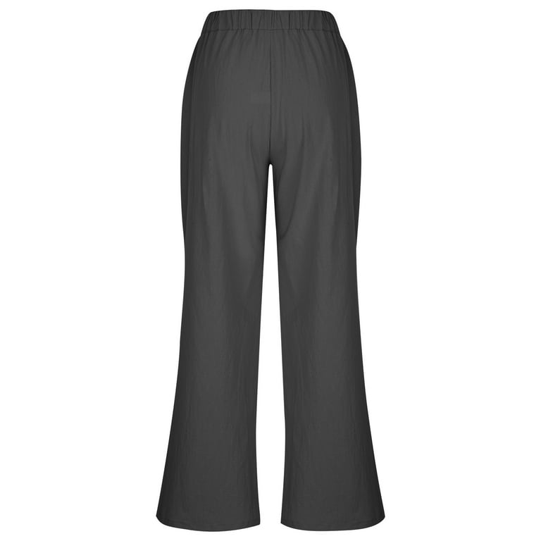 QUYUON Khaki Pants for Women Casual High Elastic Waist Solid Color Sports Pocket Cotton and Linen Pants Women Pants Long Pant Leg Length Joggers Pant