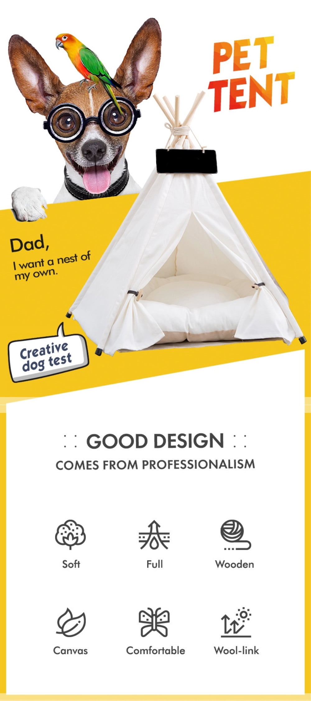 Pet Teepee Dog & Puppy Cat Tents Tipi Bed Portable Houses with Thick Cushion for Pets Up to 15lbs