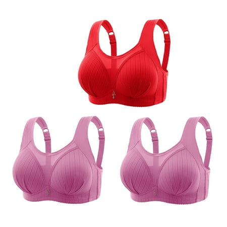 Crunowin Women s Plus Size Bra 3 Pack  Breathable Lingerie Wire Free Comfort Solid Color Behind Buckle Everyday Underwear Red L