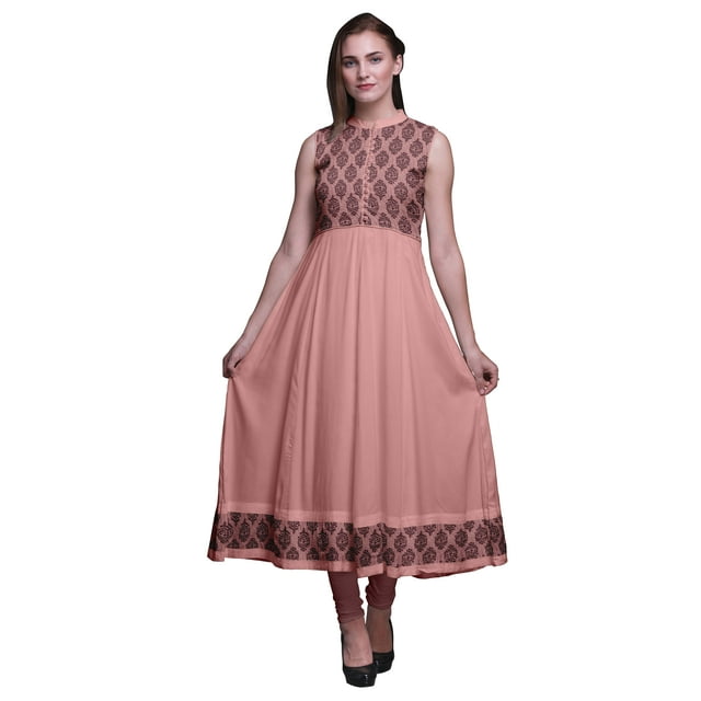 Bimba Robe Anarkali Col Mandarin Imprimé Saumon Rose pour Femmes Kurta Ethnique Indienne TTG