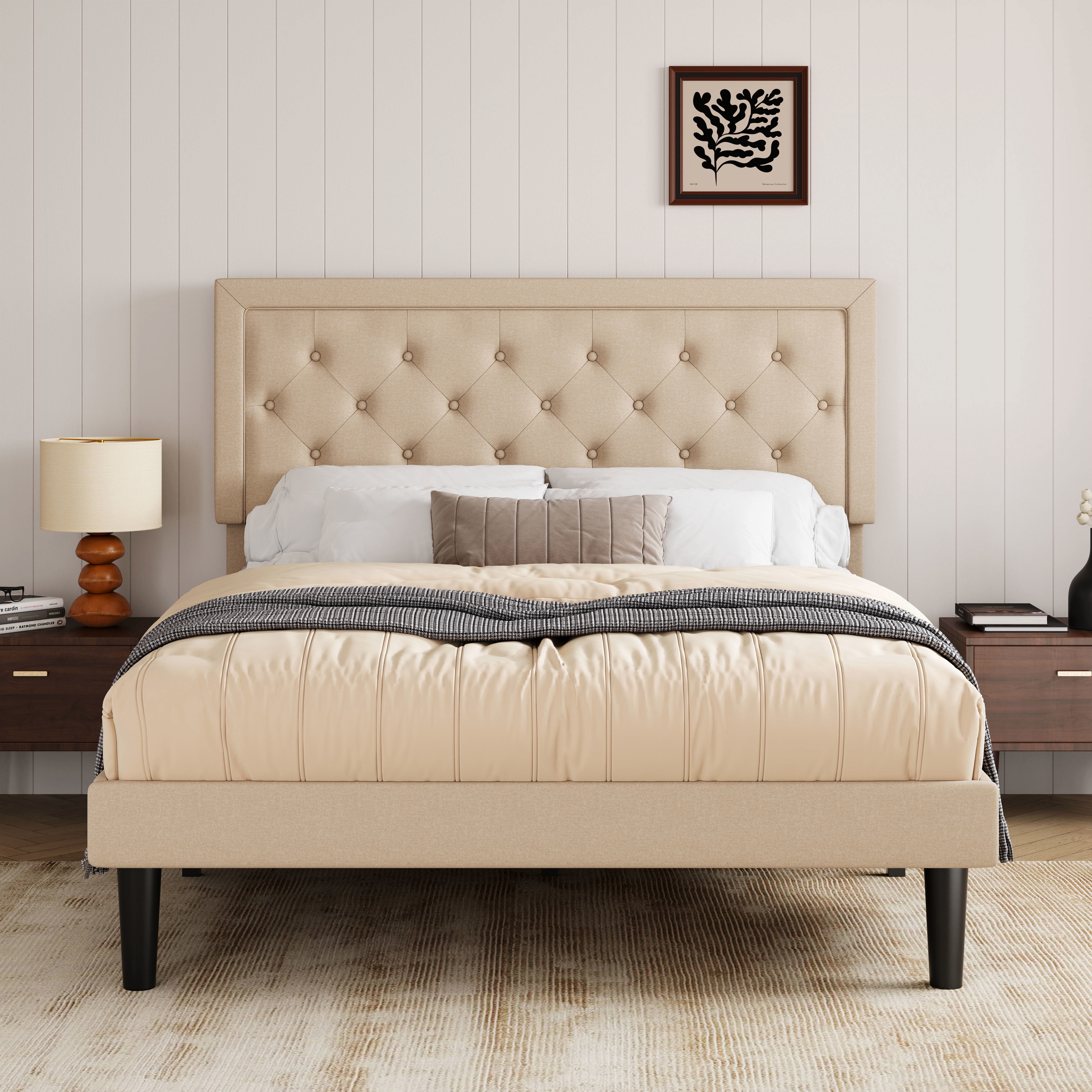 Allewie Full Size Button Tufted/Fabric Upholstered Bed Frame with Adjustable Headboard/Wood Slat Support/Mattress Foundation/Beige