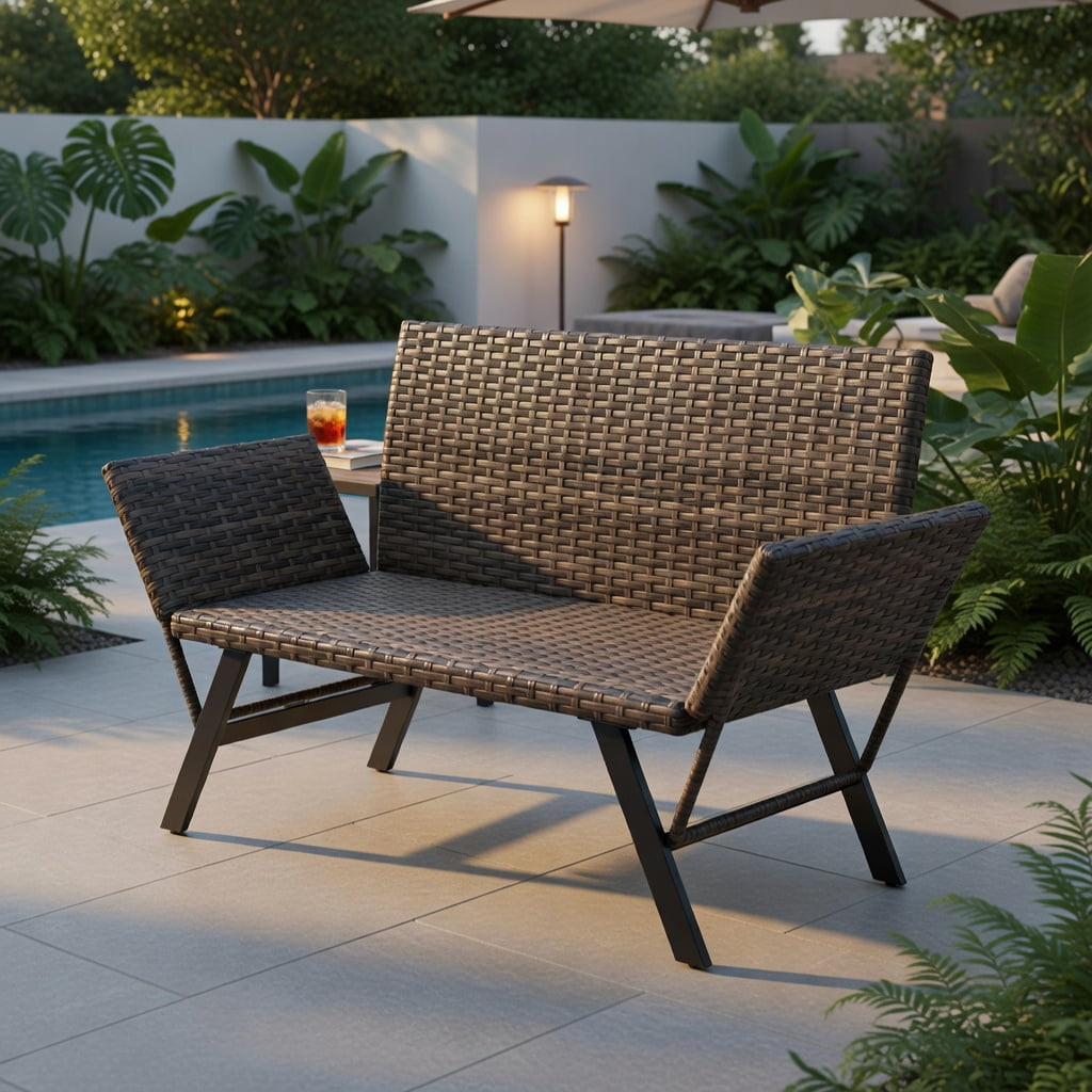 Hommoo Convertible Patio Loveseat Sofa, 2-Person Rattan Outdoor Sofa with Adjustable Armrests, Quick-Dry Foam Cushions, Heavy-Duty Metal Frame, Natural