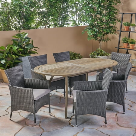 Lillianna Outdoor 7 Piece Acacia Wood and Wicker Dining Set with Cushions Gray Gray Silver