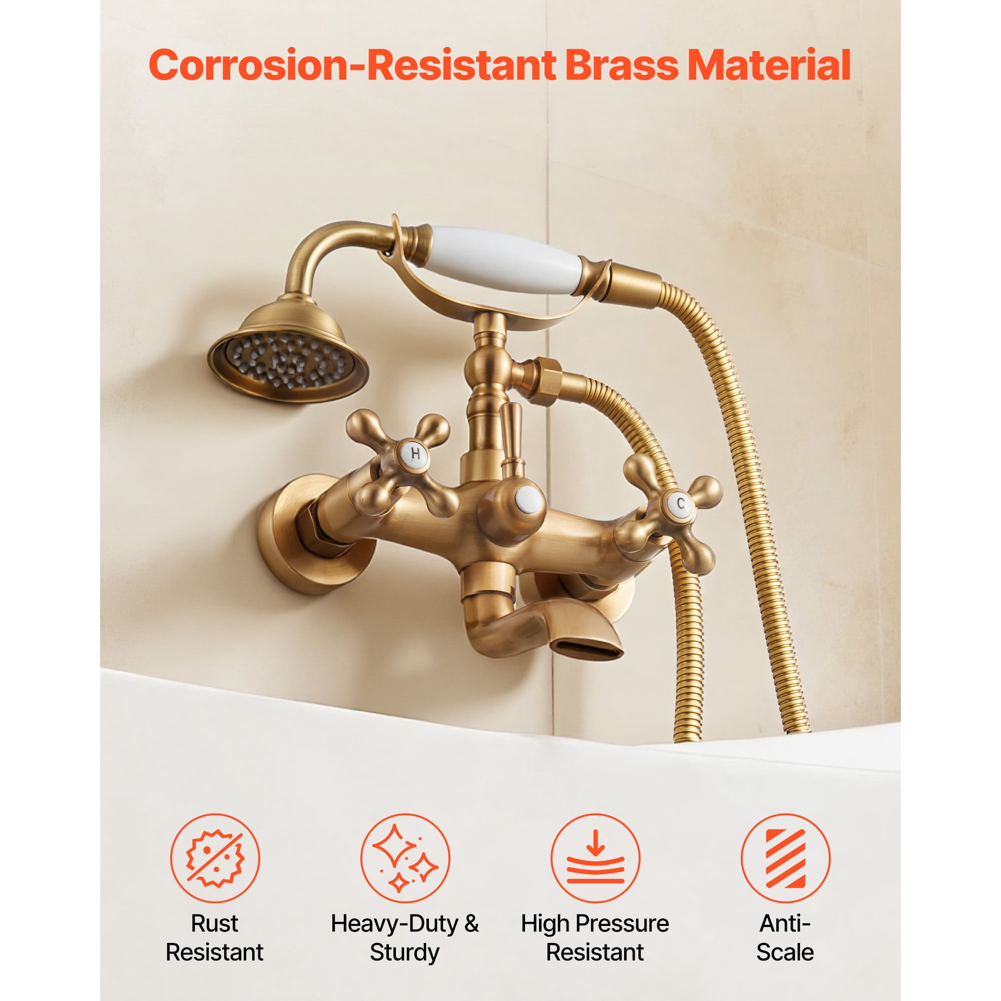 KFFKFF Wall-Mounted Clawfoot Tub Faucet with Handheld Shower, Vintage Brushed Gold Finish, Adjustable Swing Arms, and 360° Rotating Spout for Bathtubs
