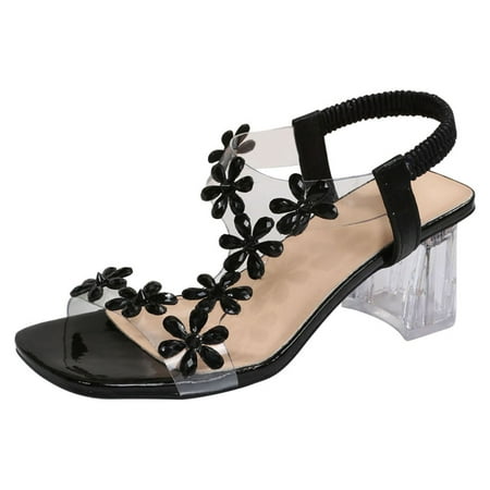 

YanHoo Clear Heels for Women Dressy Flower Crystal Sandals Rhinestone Heels Clear Square Toe One Strap Shoes for Party Dating