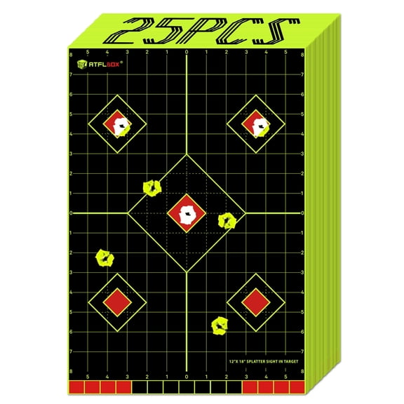 ATFLBOX  25PCS 12x18 inch Sight in Splatter Paper Target and Adhesive Target Sticker, Two-Color Bright Fluorescent Yellow and White, Easily seen on Impact for Indoor and Outdoor Shooting Range