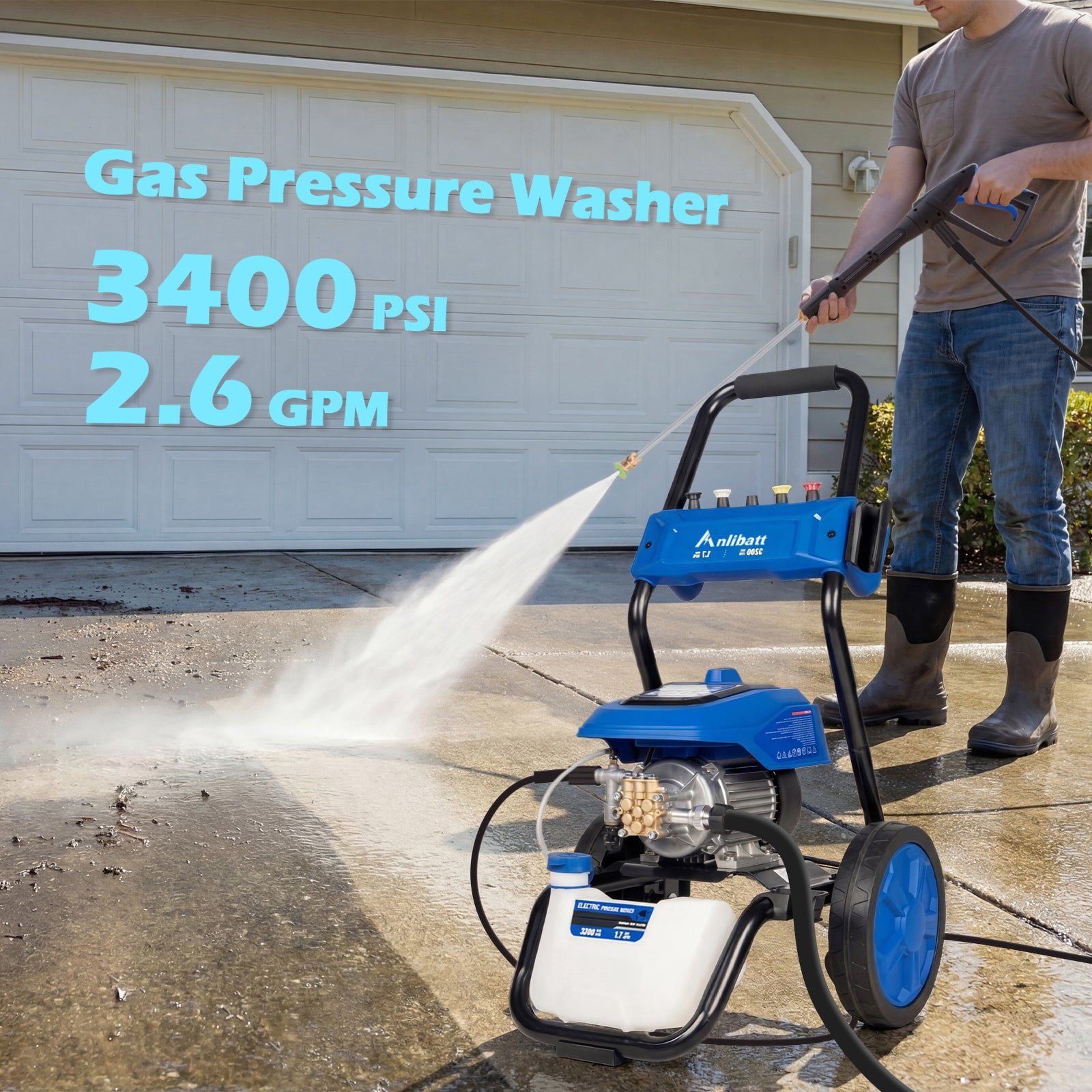 ANLIBATT Electric Pressure Washer 3200 PSI Max 1.7 GPM Heavy-Duty Brushless Motor Cold Water 5 Quick Nozzles 35ft Cord 25ft Hose Built-in Soap Tank