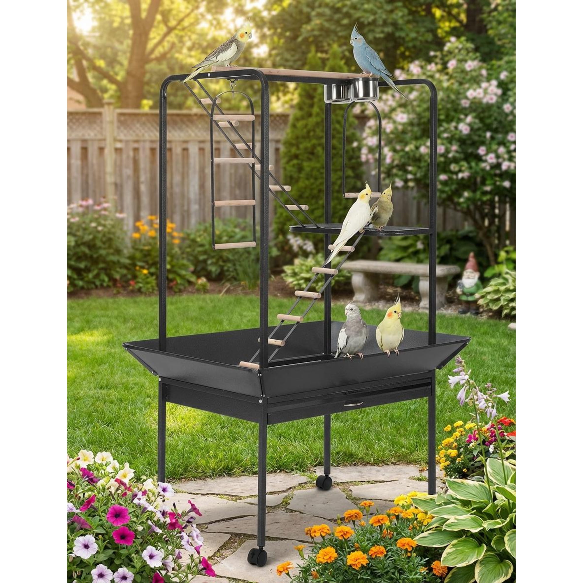 TEQIN 66-Inch Playtop Wrought Iron Large Parrot Bird Cages With Rolling Stand For Cockatiels Parrot Quaker Conure Parakeet Lovebird Finch Canary Small Medium Parrot Cage Birdcage