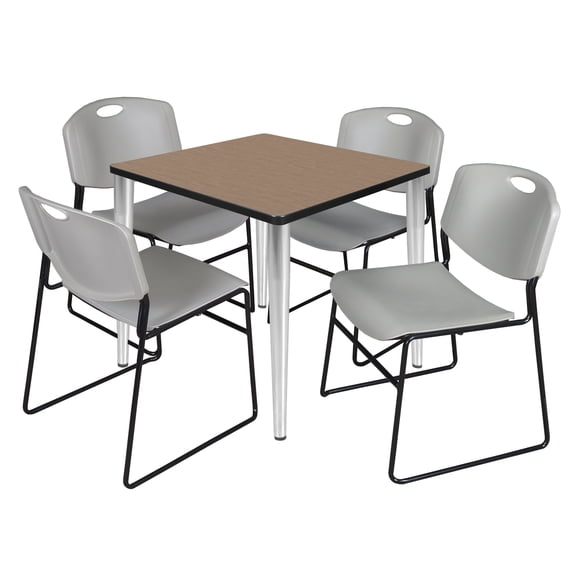 Romig Arco 30 in. Square Breakroom Table- Noble Oak Top, Chrome Base & 4 Zeng Stack Chairs- Grey
