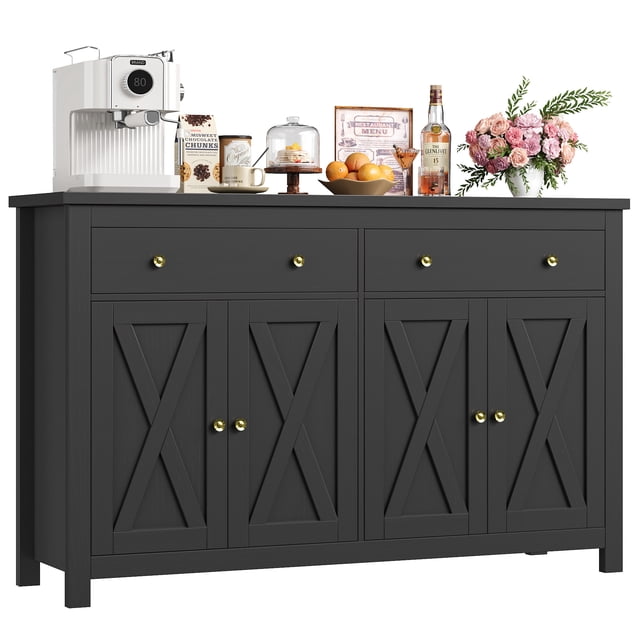 Homfa Buffet de Cuisine de 55,1 Po L avec Tablettes Ajustables, Armoire de Rangement à 4 Portes et 2 Tiroirs, Noir