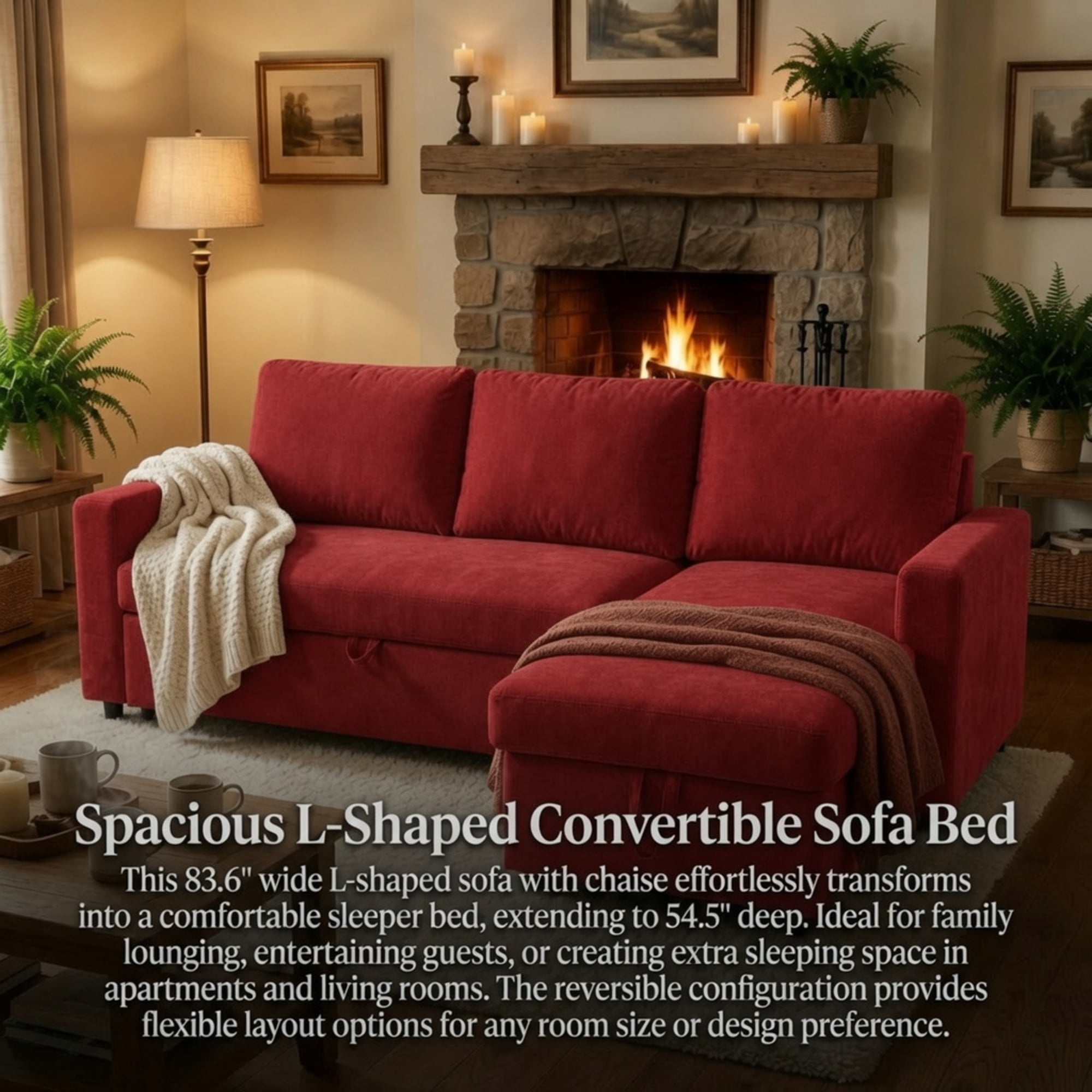 TiramisuBest L-Shaped Convertible Sofa Bed with Reversible & Storage Chaise,84"W Fluffy Flannel Sectional Sleeper for Living Room,Red