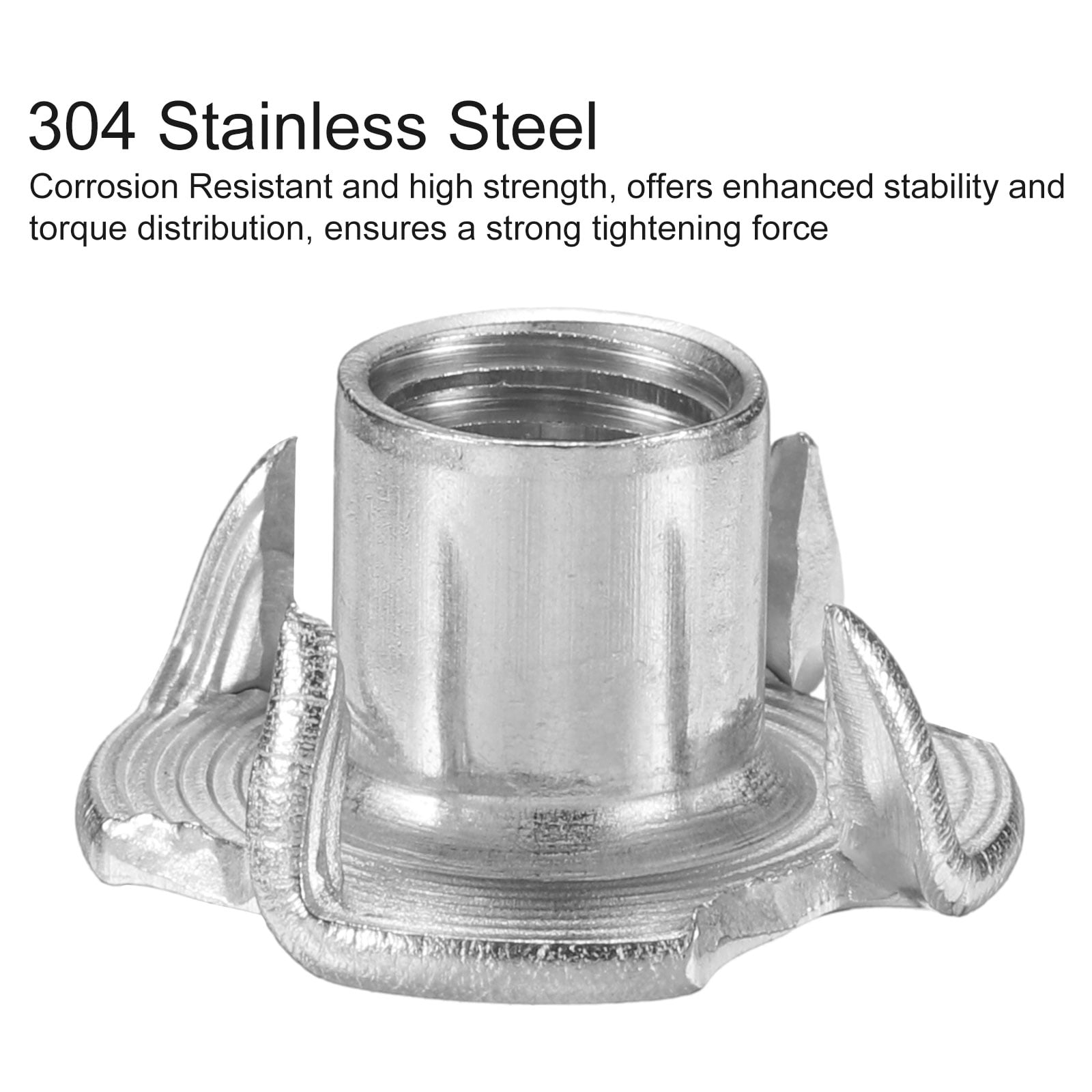 M10x13mm T-Nuts 4 Pronged Tee Nut 304 Stainless Steel Threaded Inserts for Wood 25packs