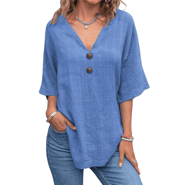 Camiseta de y Algodón para Mujer, con Doble Botón Frontal, Informal, Abierta, Azul Real, Talla XL