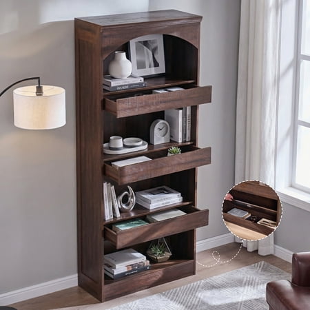 SinCiDo 76" Tall Arched Bookcase w/Hidden Magnetic Lock Drawer at the Bottom, 4-Tier Large Open Bookshelf w/3 Pull-Out Drawers for Living Room, Office