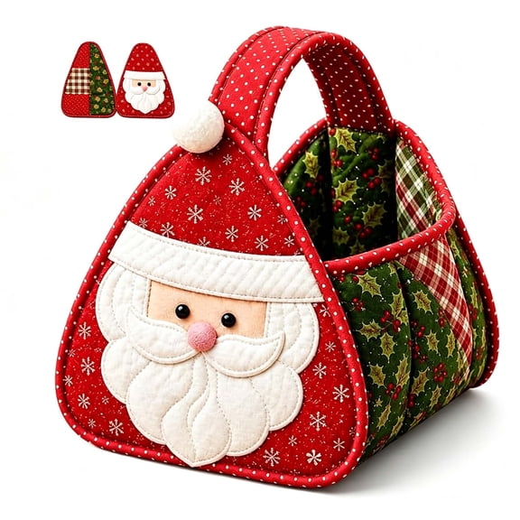 Christmas Character Quilted Carry Basket, Cotton Plaid Gingham Foldable Fabric Storage Bin with Handles, for Christmas Decor, Home Storage, Christmas Tree Gift Holder