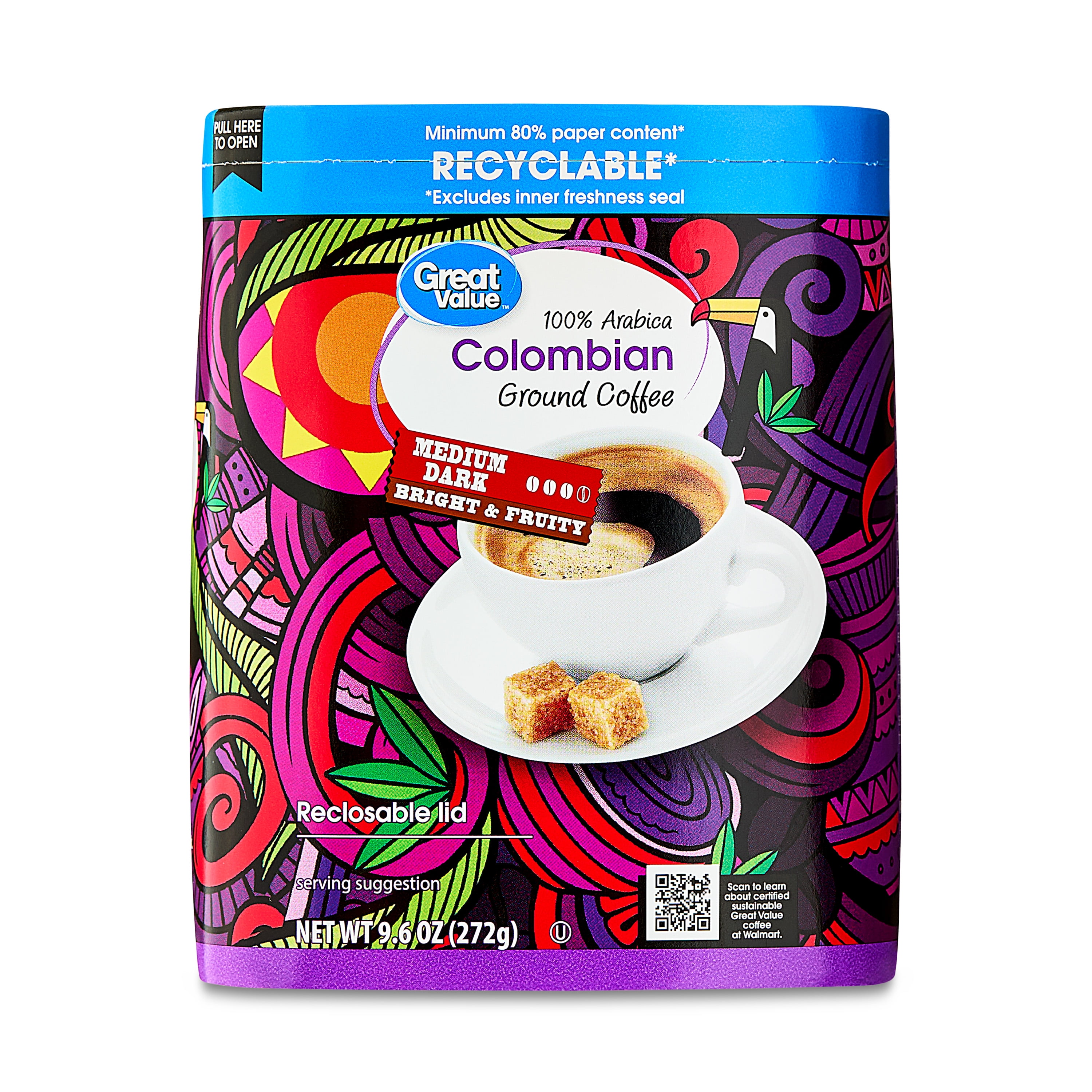 (6 pack) Great Value Colombian Medium Dark Roast Ground Coffee, 9.6 oz
