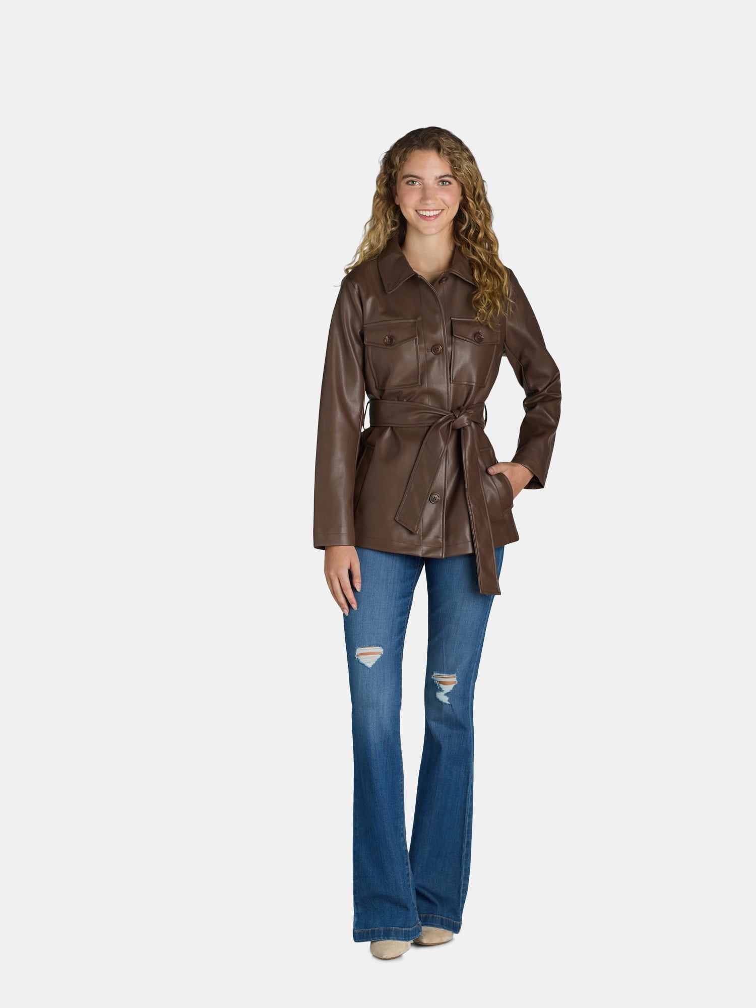 Time and Tru Women's and Women's Plus Faux Leather Cropped Belted Trench, Sizes XS-3X