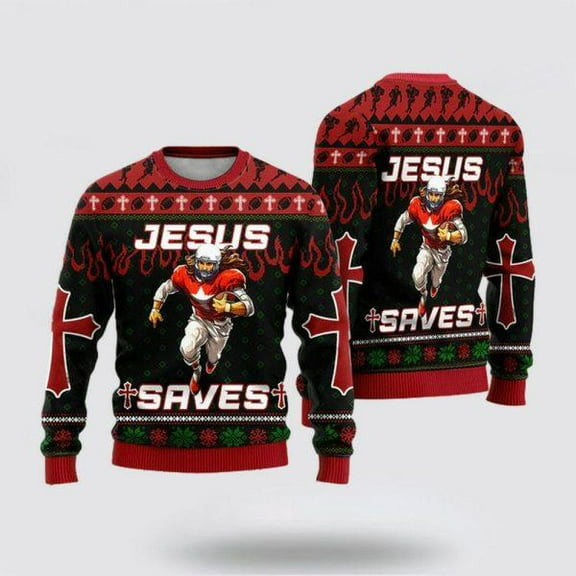 Christian Sweater, Cool Jesus American Football Team Red Ugly Christmas Sweater, Jesus Christmas Sweater, Jesus Saves Shirt