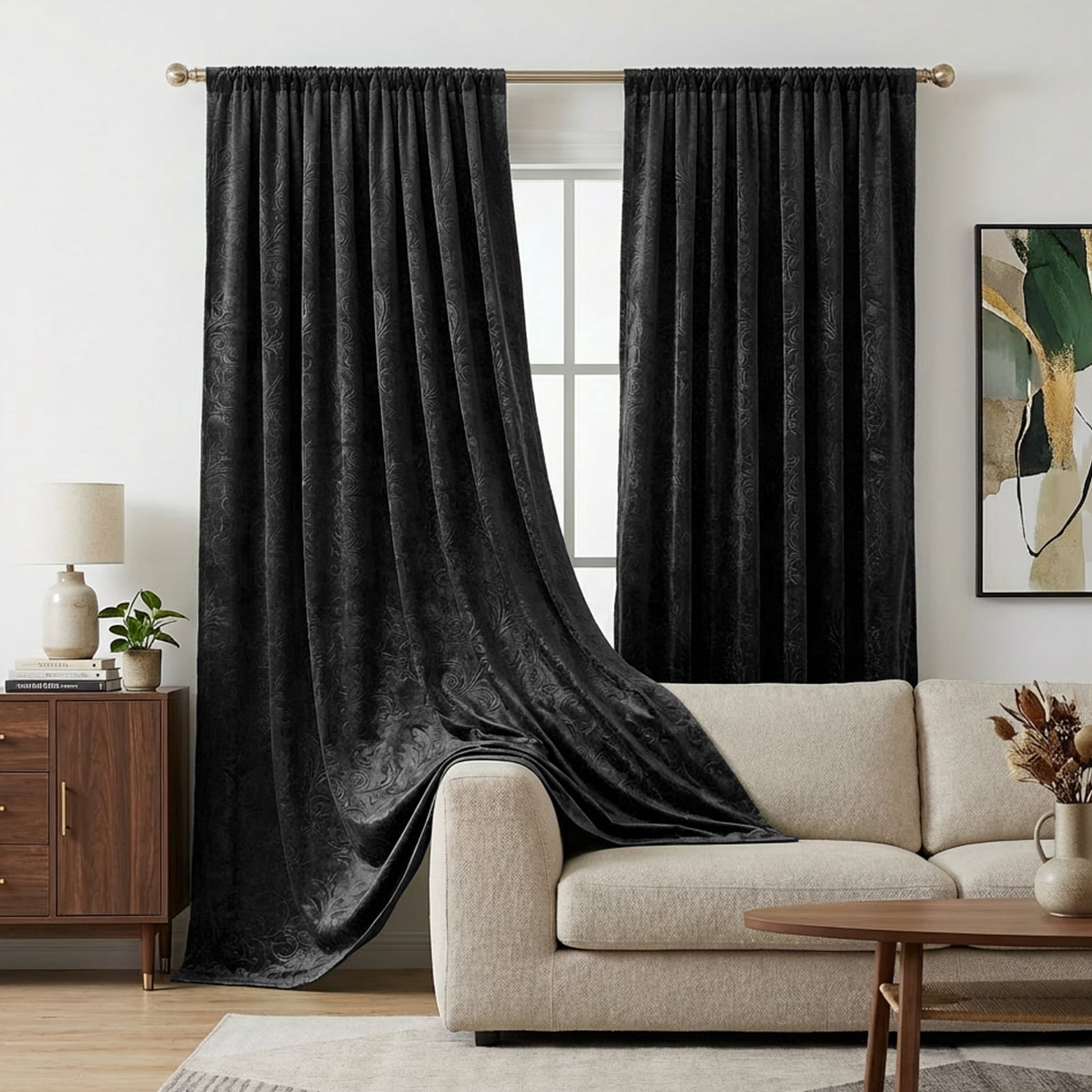 Lapalife Blackout Velvet Curtains, Scroll Floral Pattern Rod Pocket Thermal Insulated Velvet Curtain Drapes for Living Room, 2 Panels, 52"x 96", Black