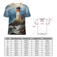 thumbnail image 2 of Lighthouse Sunrise Coast Scenery Pale Blue Tan Womens Tops Women's Fashion Casual Short Sleeve Flower Print Round Neck Pullover Top Blouse, 2 of 6