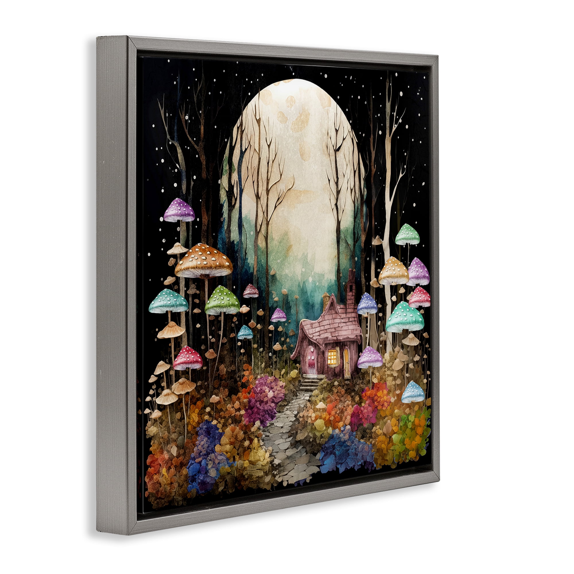 Stupell Industries Quirky Mushroom Forest Landscape & Nature Painting Gray Floater Framed Canvas Art Print Wall Art, 25 x 25