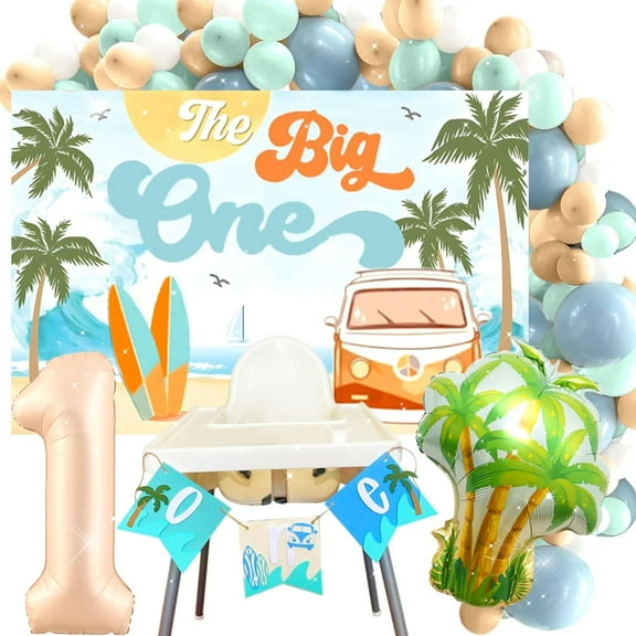 Baby's 1st Birthday Beach Surfing Party Decoration Set - Includes 5 pieces such as themed backdrop, aluminized film balloons, and streamers.