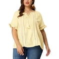 thumbnail image 1 of Plus Size Blouse for Women Self Tie Neck Lace Hollow Out Ruffle Short Sleeve Tops Yellow Cream 1X, 1 of 7