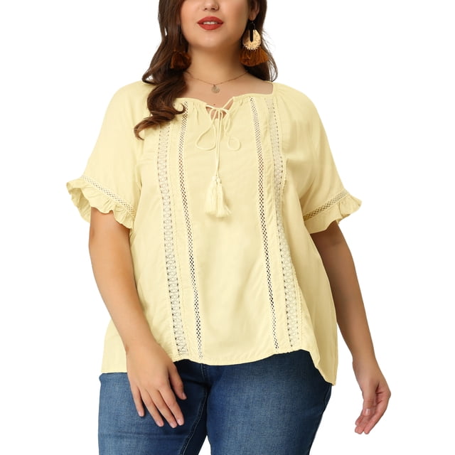 Plus Size Blouse for Women Self Tie Neck Lace Hollow Out Ruffle Short Sleeve Tops Yellow Cream 1X