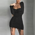 thumbnail image 2 of cfhntfmh Bodycon Dresses for Women Square Neck Long Sleeve Fall Ruched Mini Dress Slim Elegant Clubwear Dress, 2 of 5