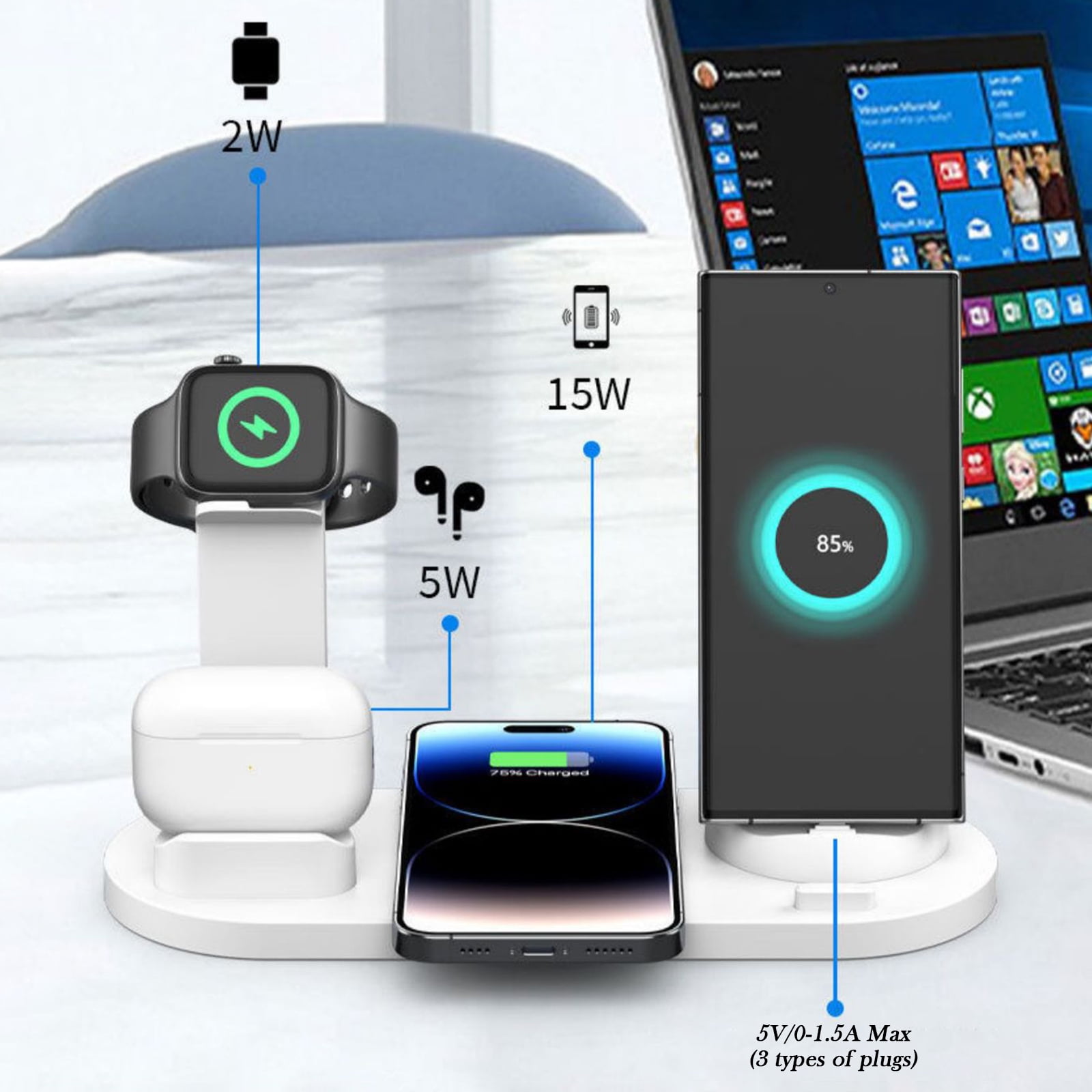 15W Fast Wireless Charging Stand - 360° Rotatable Charging Dock Station Multi-Interface for iPhone/Apple Watch/AirPods/Android