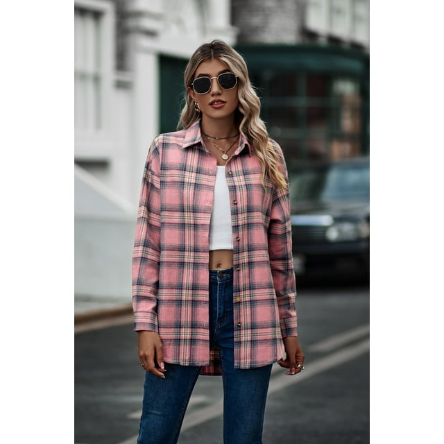 Camisa de manga larga a cuadros para mujer, con botones, mezcla de lana, chaqueta fina, blusa informal con bolsillo
