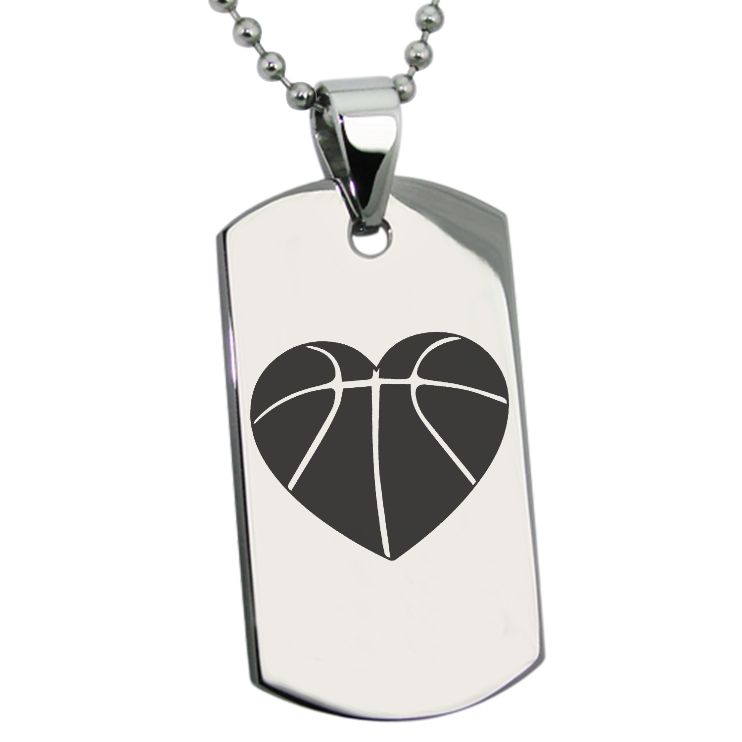 Stainless Steel Love Basketball Heart Engraved Dog Tag Pendant Necklace