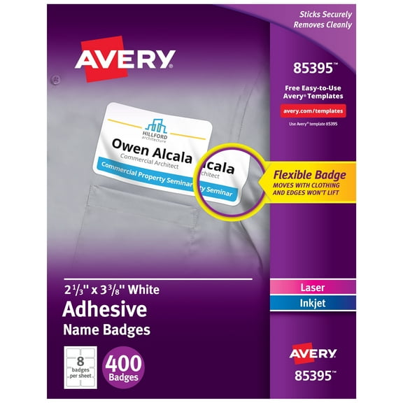 Avery Flexible Name Tags, 2-1/3" x 3-3/8", White, 400 Badges (85395)