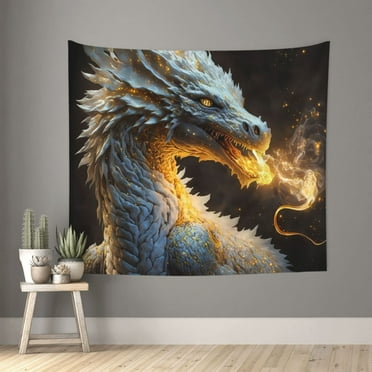 Bingfone Polyester Fabric Tapestry Golden White Fire Dragon Wall Hanging Tapestry,Daily Decorative Tapestry for Bedroom Living Room Dorm 60L x 51W Inches