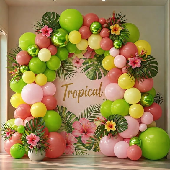 Tropical Balloons Double Stuffed Light Blush Pink Lime Green Balloon Garland Kit for Tropical Summer Luau Beach Birthday Baby Shower Party Decor