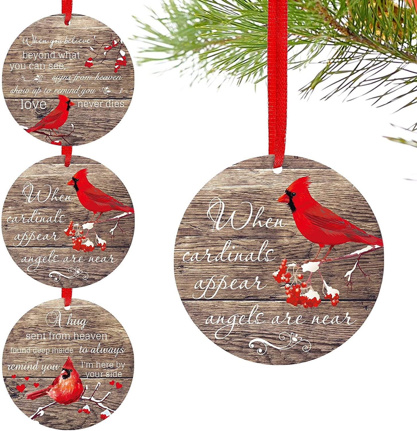 3 Piece Red Cardinal Christmas Ornaments Christmas in Heaven Ornaments Memorial Christmas Tree Decorations Wooden Heart Shaped Hanging Ornaments in Memory of Loved One for Tree Window Decor Present
