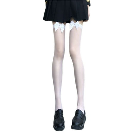 

Womens Sexy Sheer Stay Up Thigh High Stockings with Bow Accent Japanese Lolita Silky Transparent Over The Knee Long Socks Anime Hosiery