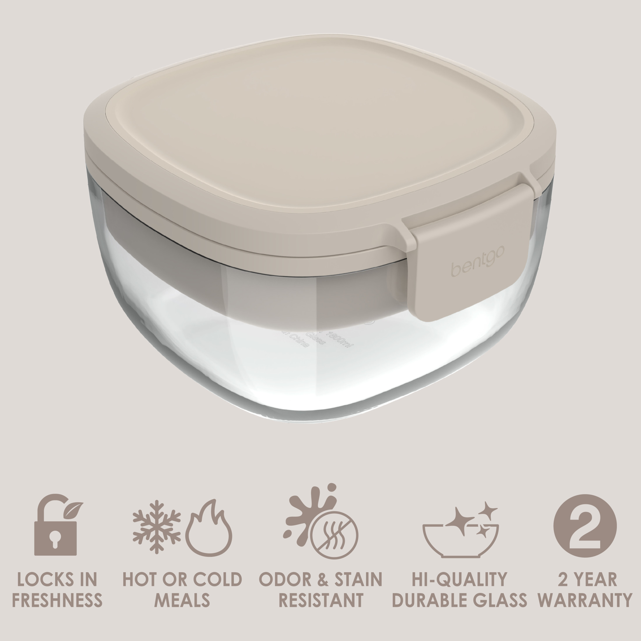 Bentgo® Glass All-in-One Salad Container - Large 61-oz Salad Bowl with Lid, 4-Compartment Bento-Style Tray, Sauce Container & Fork - Dishwasher, Microwave, and Oven Safe - White Stone Tan