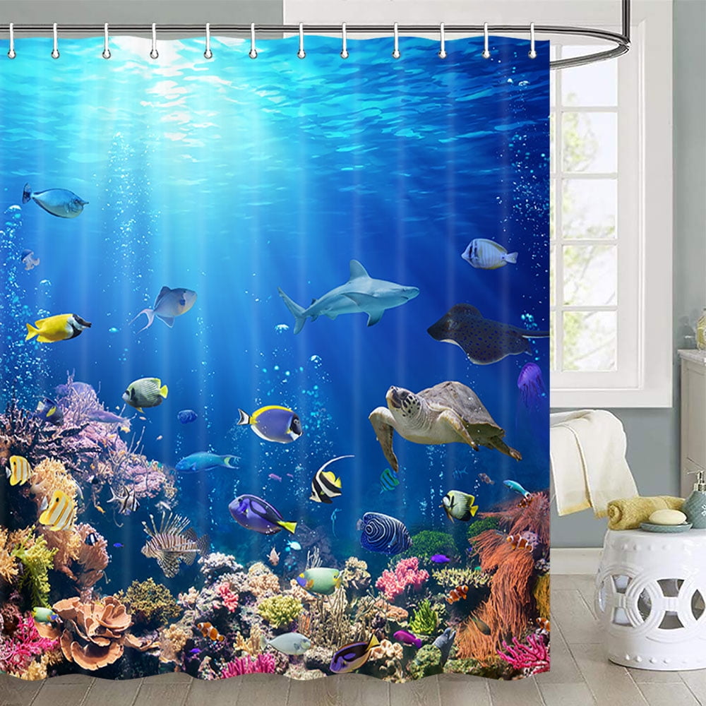 Ocean Fish Shower Curtain, Sea World Animal Tropical Fish Shower Curtain, Underwater Sea Animal Ocean Shower Curtains for Kids Bathroom, Blue Shower Curtain Kids Shower Curtain Set with Hooks, 70"X70"