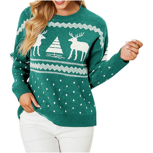 RKSTN Ugly Christmas Sweater for Women Fall Fashion 2023 Christmas Printed Long Sleeve Knitted Sweaters Pullove Round-Neck Casual Sweater Tops
