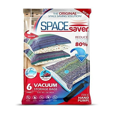 SpaceSaver Premium *JUMBO* Vacuum Storage Bags (Works With Any Vacuum Cleaner + FREE Hand-Pump for Travel!) Double-Zip Seal and Triple Seal Turbo-Valve for 80% More Compression! (6 (Best Vacuum Storage Bags For Travel)