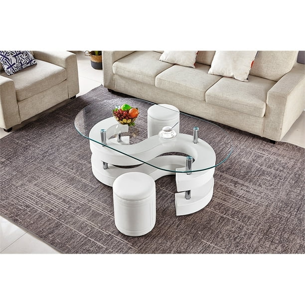 Artisan Furniture Shadarev Oval Tempered Glass Coffee Table With Stools In White Walmart Com Walmart Com