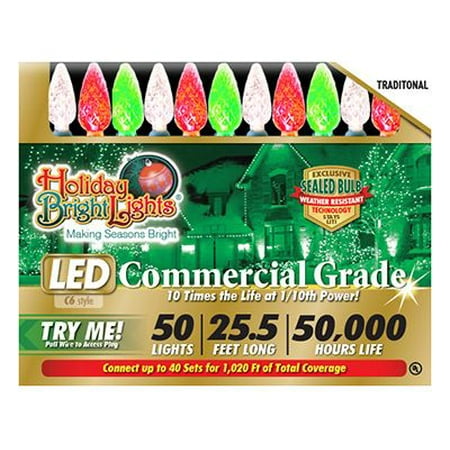 Holiday Bright Lights LEDBX-C650-TR Christmas LED Light Set, C6, Commercial-Grade, Red, Green & White Frost, 50-Ct.