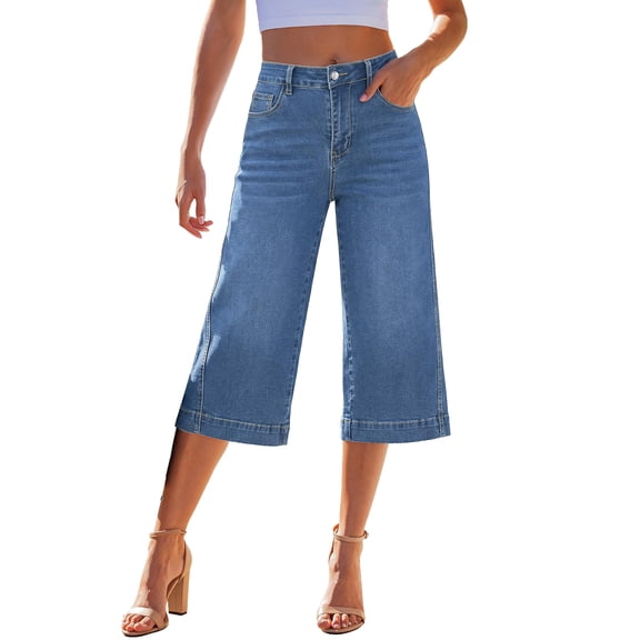 Capri Jeans for Women Wide Leg Trendy High Waisted Side Seam Stretchy Denim Capris Pants Summer Casual Jeans, L