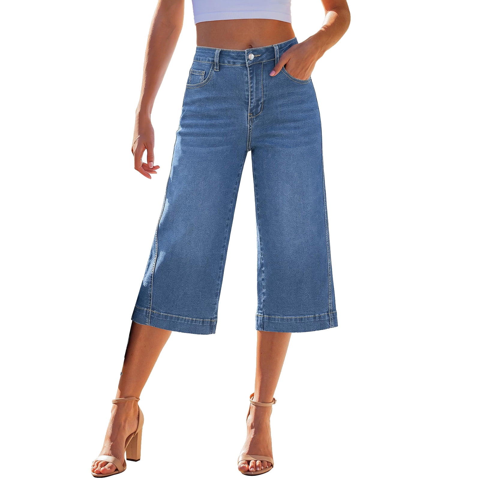 Capri Jeans for Women Wide Leg Trendy High Waisted Side Seam Stretchy Denim Capris Pants Summer Casual Jeans, L